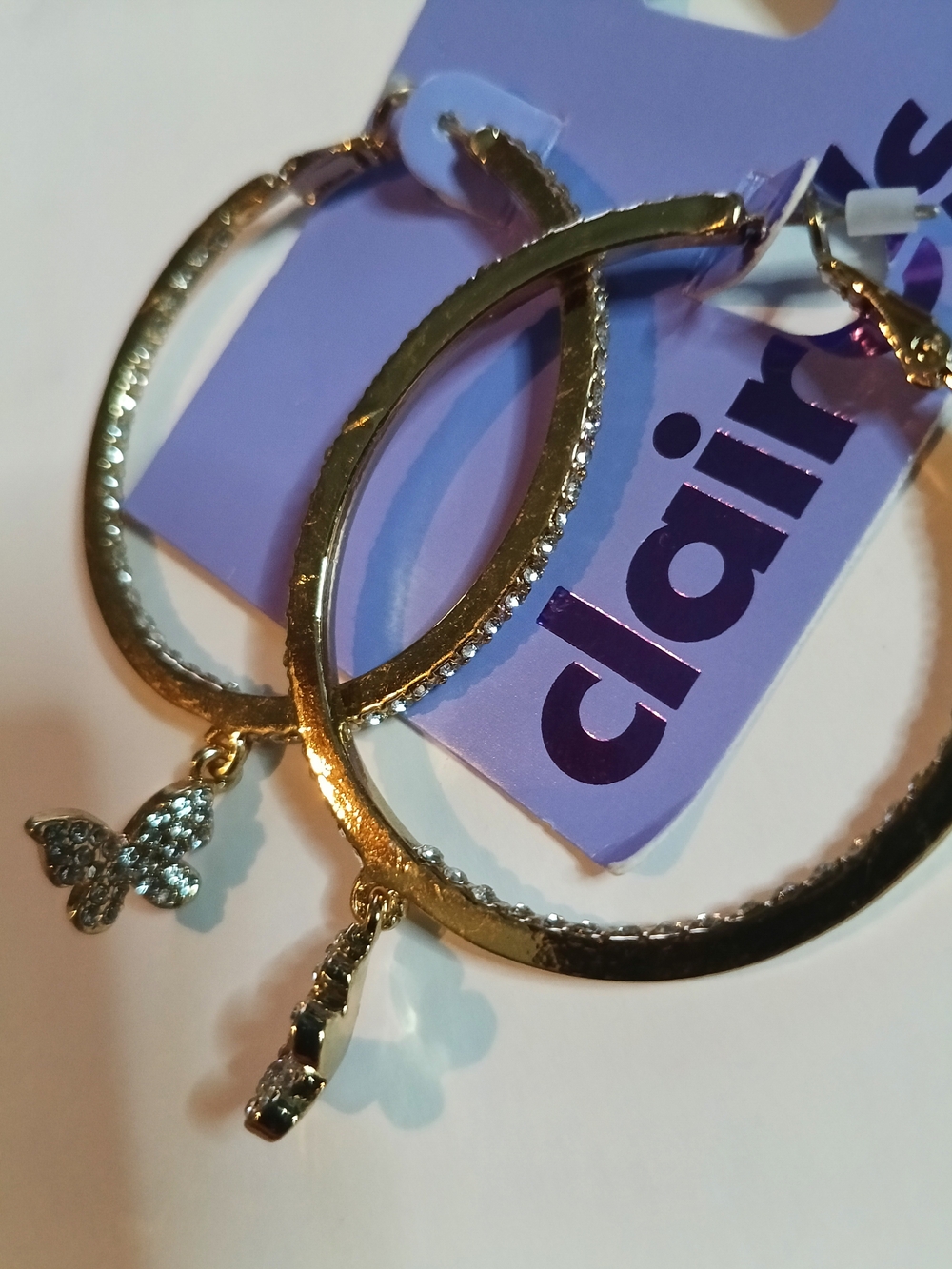 Claire's Gold Hoop Earrings with Butterfly and Crystal Charms